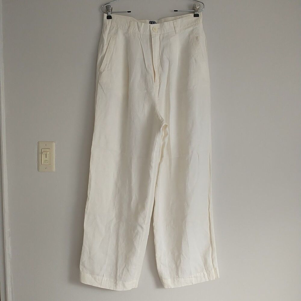 VTG Gap Pants Women 14 Cream 100%Linen High Rise WideLeg Trousers Pleated Barrel